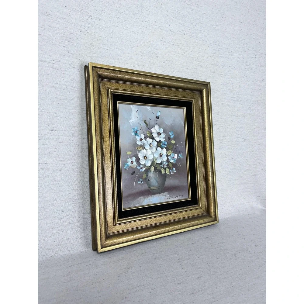 Vintage Floral Oil Painting | Gold Framed Wall Art, Mid-Century Moody Still Life